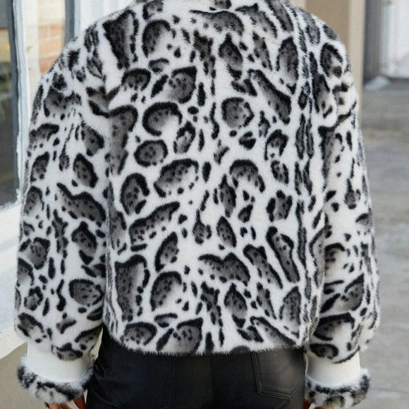 Black And White Casual Women's Leopard Print Fuzzy Fluffy Turndown Jacket - Picture 3 of 6